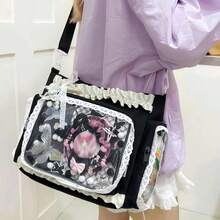 Ita Crossbody Tote Bag, Pin Display With Insert Large Messenger Bag, Cute Tote Bag With Zipper Ruffle, Japanese Aesthetic Y2k - 黑色 - 查看 8