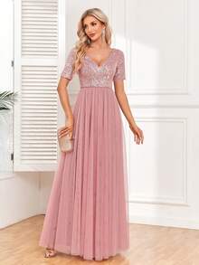 Vestido de noche rosa de línea A con cuello en V, manga corta y malla con lentejuelas, elegante vestido de gala formal, adecuado para invitados de boda, fiesta de cóctel, dama de honor, ceremonia de graduación - Rosa vieja - Ver 10