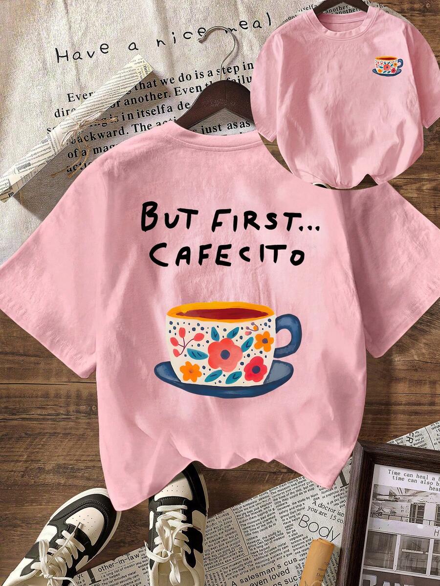 但首先……女士夏季上衣、女士度假装、女士T恤、女士夏季套装、女士沙滩装、女士休闲衬衫、女士休闲圆领短袖T恤 - 淺粉色 - 查看 1