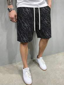 男士夏季灯芯绒直筒短裤，纯色纹理休闲宽松及膝裤 - 黑色 - 查看 1