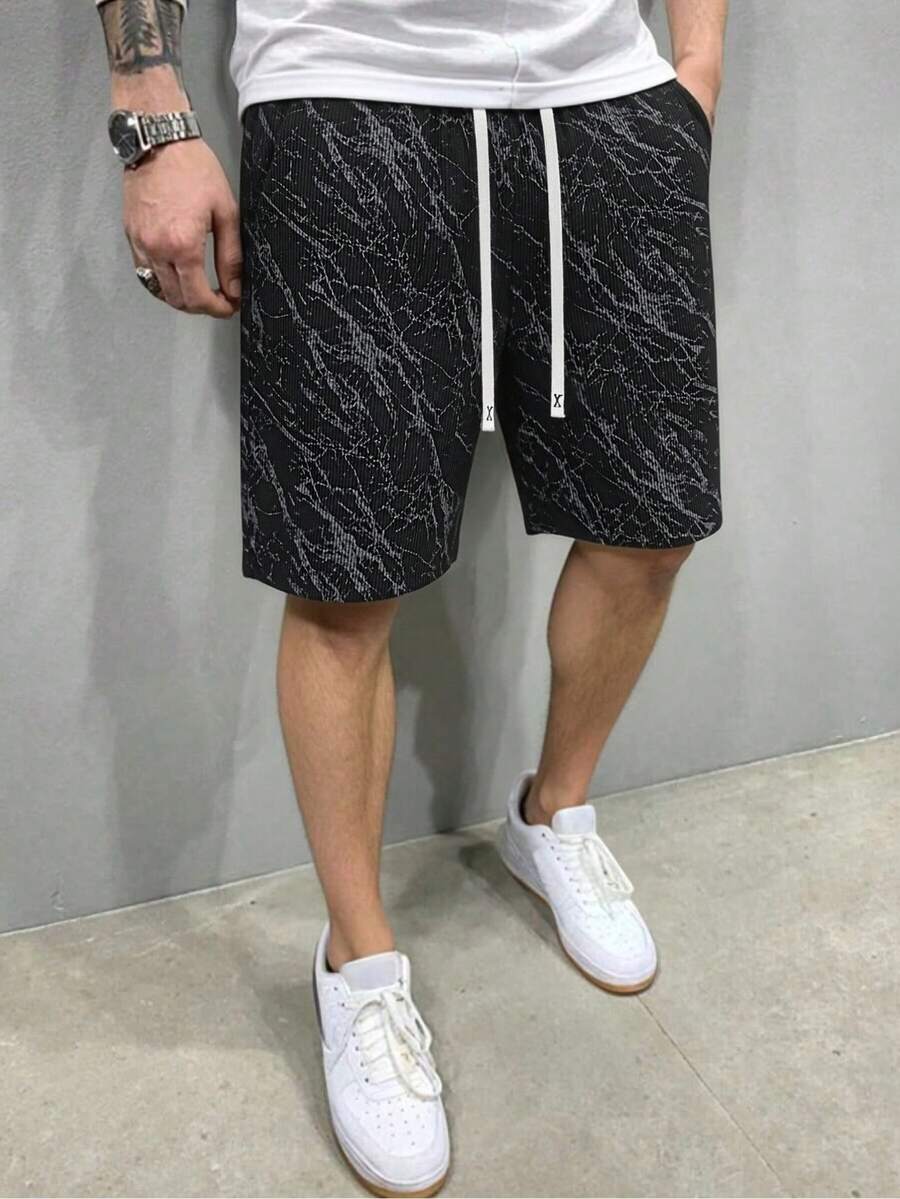 男士夏季灯芯绒直筒短裤，纯色纹理休闲宽松及膝裤 - 黑色 - 查看 1