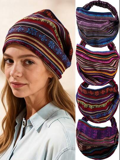 1/4 件装 女士 6 英寸加宽头带，彩色条纹纹理面料头带，波西米亚风打结防滑弹力头带，柔软非洲头巾式发带，发饰，头巾，适合运动、瑜伽和日常佩戴