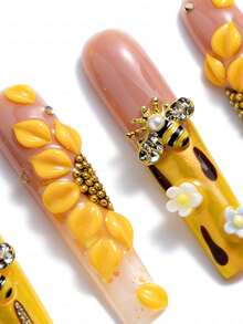 10Pcs Premium Handmade Extra Long Square Press On Nails, 3D Bee, Honey Drip Decor, Honeycomb Accents, Pink Yellow Gradient Base, Glitter Details, Sweet Summer Style, High Gloss Finish, Salon Grade Reusable, Daily, Gatherings, Gift Summer - Màu vàng - Xem 7