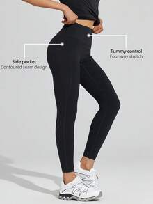 Leorrey 1pc Women's Fashionable High Waist Shaping Elastic Waistband Sports Pants With Side Pockets - Black - View 8