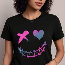 Camiseta de manga corta ligera y duradera con un alegre diseño de sonrisa rosa y morada, perfecta para salidas informales en restaurantes o relajarse en casa, que ofrece un ajuste cómodo para uso diario.- 1pcs, 180Gsm, 100% Cotton - Negro - Ver 4