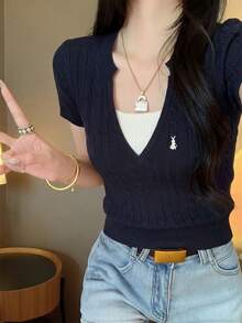 Women's Short Sleeve T-Shirt, Summer New 2 In 1 Design Fitted Casual Sweet Knit Top - Navy Blue - View 4