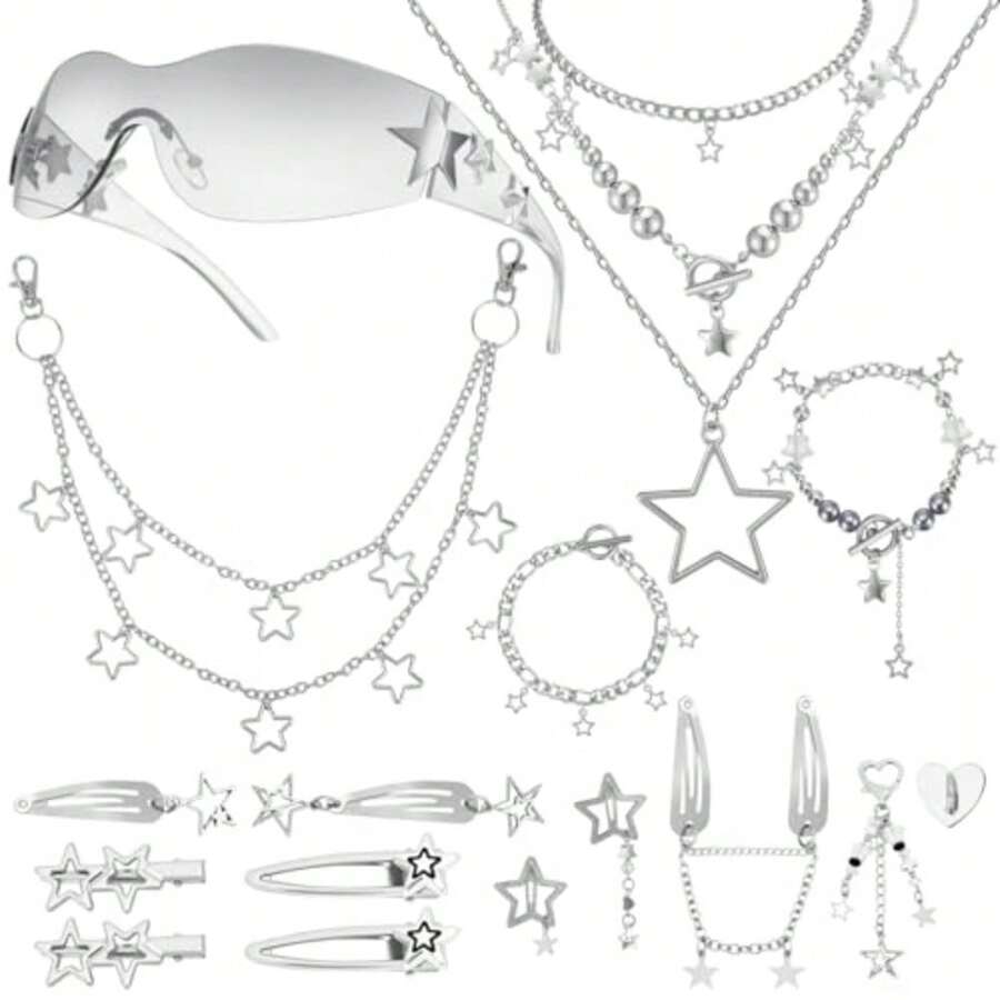Y2k Accessories Set Included Star Y2k Silver Necklace Grunge Layered Necklace Y2K Sunglasses Star Hair Clip Y2k Silver Hair Clips Keychain Hip Hop Pants Chain Vintage Jewelry Set for Women - Estilo moderno Y2K - Ver 1