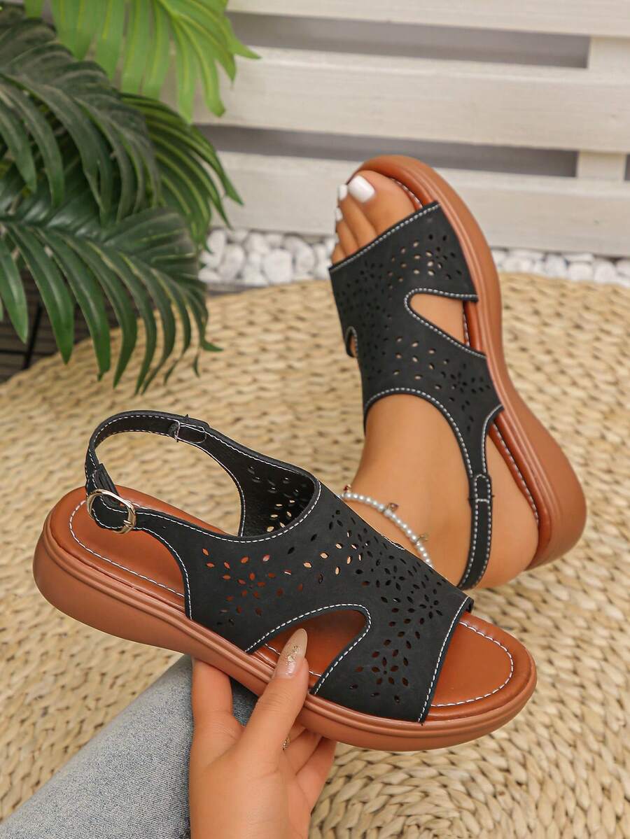 Plus Size Women's Summer New Fashion Elegant Bow Gold Strap Peep Toe Thick Sole Sandals, Comfortable Versatile Daily Wear Sandals - Black Matte Carved Floral Openwork - View 1