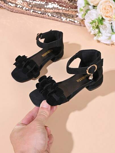 Giày sandal cao gót mùa hè mới cho trẻ em, trang trí nơ.