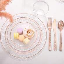 2pcs Transparent Rose Gold Rim Plate Set, Includes 7.5" Dessert Plate/10.25" Dinner Plate, Minimalist, Modern, Easy To Clean, Reusable, Suitable For Birthday Parties, Valentine's Day Dinners, Ramadan, Weddings, Family Gatherings, Outdoor Picnics, Camping And More - Multicolor - View 7