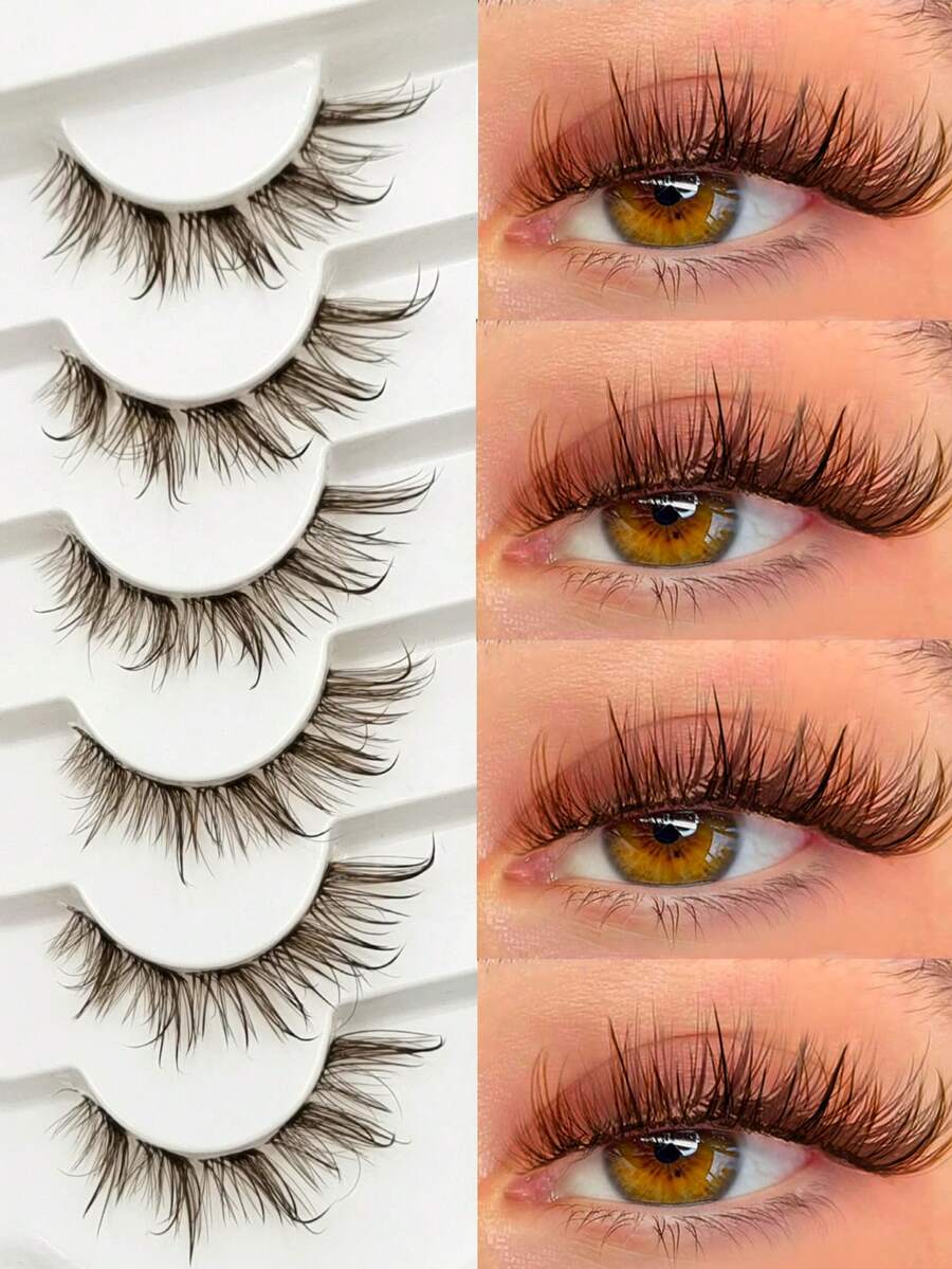 6 Pairs Wet Look Brown Lashes Clear Band Eyelashes Volume Reusable False Lashes Extensions Dramatic Look Curly Wispy Fake Lashes Makeup Tools - Brown - View 1