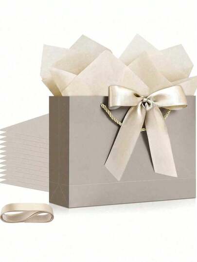 10pcs Landscape Style Kraft Paper Gift Bags, Shopping Bags With Handles, Bags With Bow Handles, Valentine's Day Gift Packaging Shopping Bags, New Year Thank You Gift Bags With Handles, Large Capacity White Paper Bags, Bridesmaid Thank You, Birthday Gift Packaging Bags, Retail Gift Storage Bags