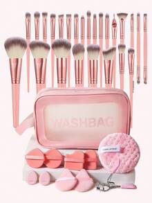 36PCS Makeup Tools Set Including:25PCS Makeup Brush Set+1pc Multi-Functional Zipper Toiletry And Cosmetic Bag Waterproof+4PCS Air Cushion Powder Puff+1pc Facial Cleansing Sponges+1pc Eyelash Curler+2PCS Triangle Powder Puffs+2PCS Mini Air Cushion Powder Puffs,All-In-One & Beginner-Friendly | Travel-Ready & Gift-Ready | Perfect For Newbies/Her - Pink - View 1
