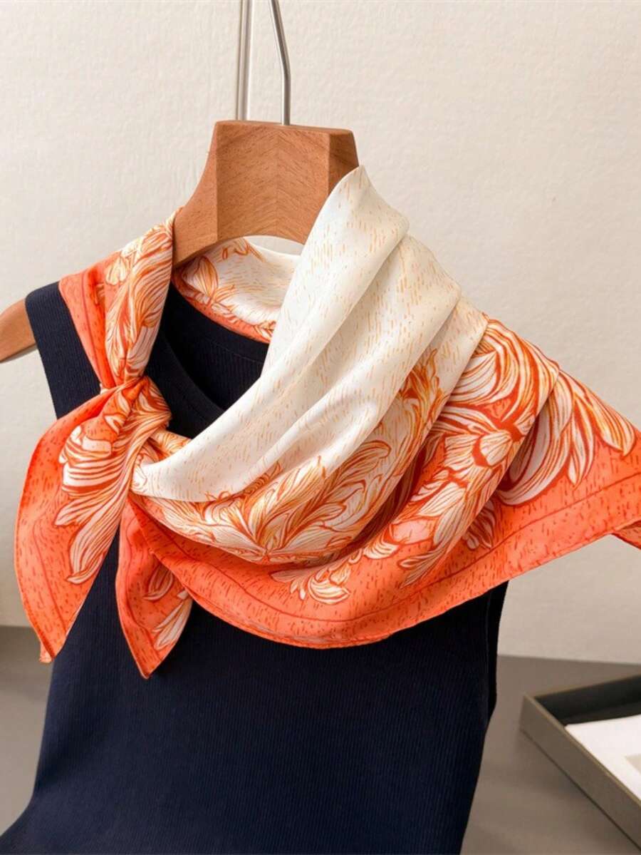 1条女士几何印花头巾，真丝发带，颈巾，适合日常使用 - 橘色 - 查看 1
