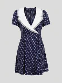 Summer Vacation Polka Dot Print Dress, Women's Fashion Lace Patchwork V-Neck Casual Elegant Dress - Navy Blue - View 5