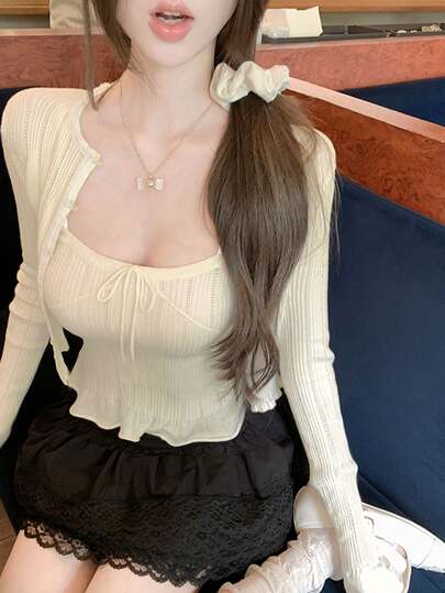 2pcs/Set Sexy Knit Camisole Top With Lace Trim & Tie-Front Cardigan, High-Quality Spring/Summer Outfit, Suitable For New Year, Outings, Commuting, Dates