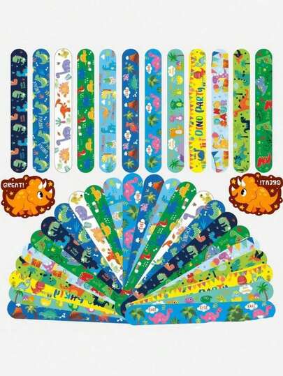 24pcs Colorful Dinosaur Slap Bracelets - Fun Party Favors & Classroom Rewards For Youngsters' Theme Events, Assorted Designs With Cartoon Dinosaurs, T-Rex, And More - PVC Material, No Batteries Needed, Classroom Rewards|Cartoon Dinosaurs Design|PVC Slap Bracelets, Dinosaur Party Supplies