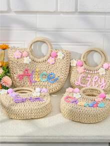 Túi cói in tên theo yêu cầu, túi đi biển đan thủ công, quà tặng cho phù dâu, túi du lịch mùa hè. - Nhiều màu - Xem 6