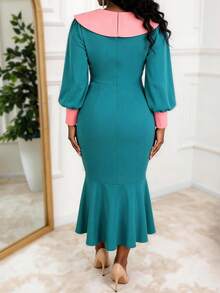 Đầm midi dáng đuôi cá ôm sát, phối màu thời trang nữ, tay phồng cài nút, vạt trước ngắn vạt sau dài, thích hợp dự tiệc cưới, tiệc cocktail mùa xuân. - màu xanh lá - Xem 2