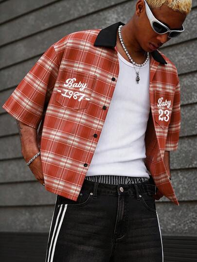 男士格子双口袋短袖衬衫，宽松版型红色街头风夏季海滩度假休闲情侣装，送给男友/儿子的礼物