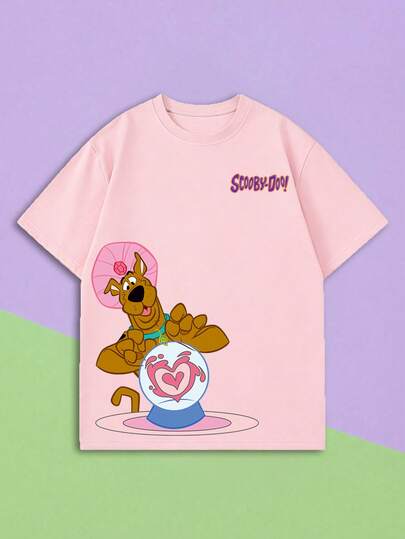 Whysmera SHEIN X SCOOBY-DOO Women's Sweet Style Crew Neck Short Sleeve T-Shirt, Cartoon Love Crystal Ball Fun Print Top, Gentle Pink Tone For Brightening & Age-Reducing, Soft Skin-Friendly & Versatile, Perfect For Sweet Cool Girl Style, Y2K Aesthetic, Valentine's Day Outfits, Girlfriend Afternoon Tea, Spring Picnics & Date Trips, Casual Tee