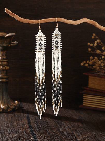 Handmade Bohemian Beaded Earrings, Vacation Style, Black Seed Beads Combination, Elongated Geometric Shape, Long Tassel Pendant, Seed Bead Handcraft, Women's Earrings, Tassel Earrings, Handmade Earrings, Suitable For Women's Daily Vacation Matching, Versatile Gift