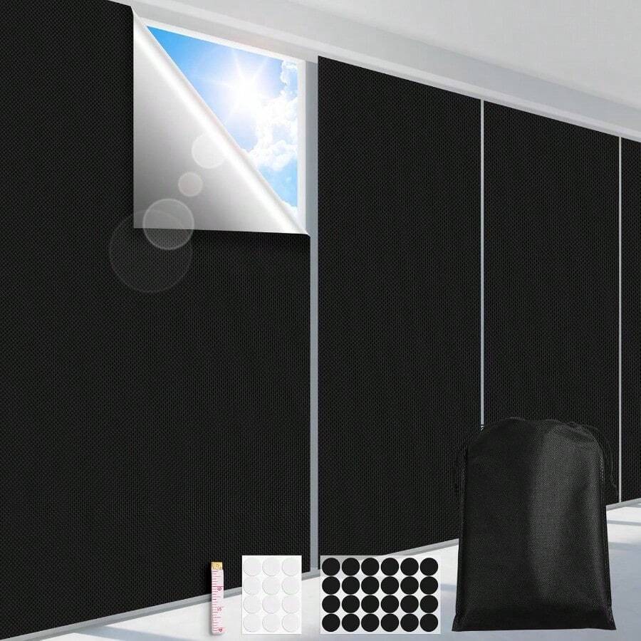 Blackout Curtains For Bedroom, Portable 100% Black Out Window Cover Film, Cuttable Blackout Shades Fabric Sheet, No Drill Window Blinds, Sun Heat Light Blocker For Travel Media Dorm, 57'' W - Black - View 1