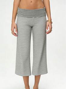 Women Solid Color Fold Over Capri Casual Low Rise Straight Wide Leg Cropped Pants Vintage Polka Dots Stripes Printed Three Quarter Trousers Gym Yoga Workout Lounge Wear Bottoms - Màu Xám nhạt - Xem 1