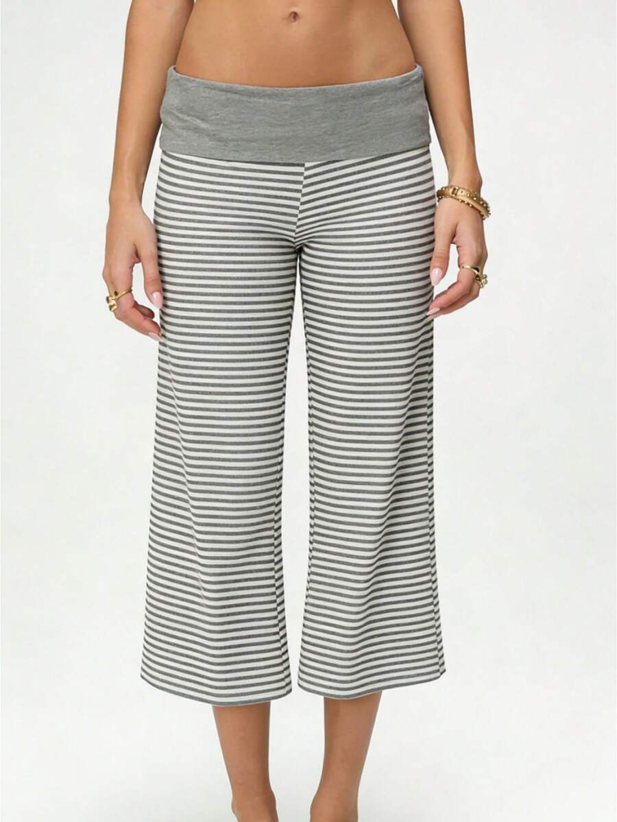 Women Solid Color Fold Over Capri Casual Low Rise Straight Wide Leg Cropped Pants Vintage Polka Dots Stripes Printed Three Quarter Trousers Gym Yoga Workout Lounge Wear Bottoms - Màu Xám nhạt - Xem 1