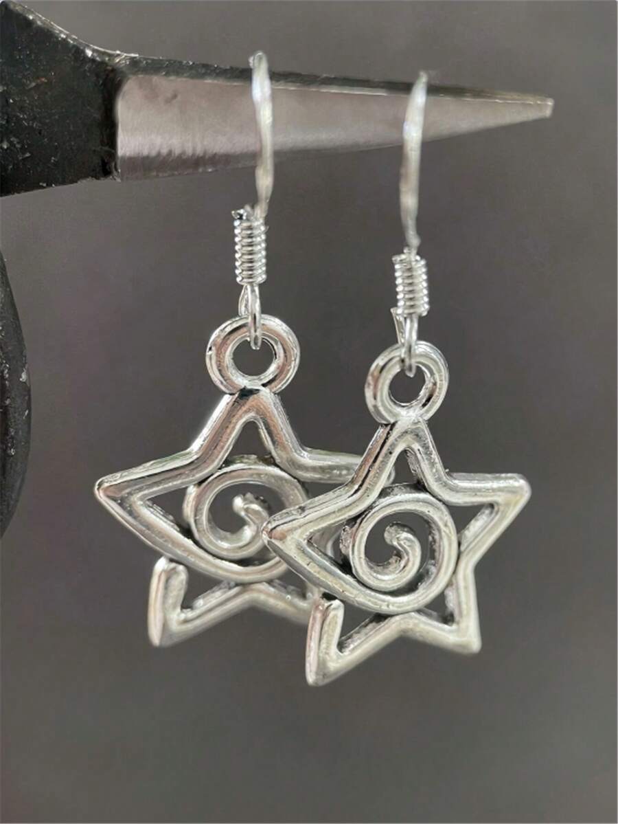 Unique Cute Gothic Handmade Silver Swirl Star Pendant Earrings, Suitable For Women And Girls, A Gift For Them. - Silver - View 1