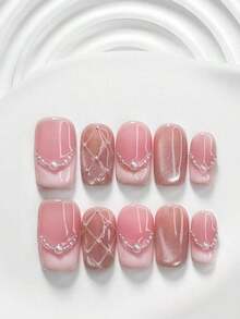 10pcs/Set Valentine's Day Handmade Nail Art Kit, Includes White Flower & Bow Decor, White & Red Gel Nails, French Polka Stickers, Heart Painting, Silver Beads Embedded, 3 Sizes Available: Almond/Square/Coffin Shape, With Set, Suitable Sweet Ladies & Girls, Valentine's Day/Party/Daily Wear Nail Supplies Handmade Press On Nails - 多色 25 - 查看 5