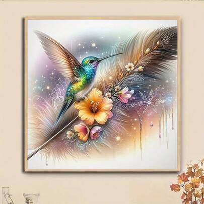 1件装DIY羽毛蜂鸟5D钻石画套装，[30*30厘米/11.8*11.8英寸] [40*40厘米/15.7*15.7英寸]，适合成人初学者DIY马赛克钻石画，全钻手工爱好，可作客厅、卧室、办公室墙面装饰画，也可作为送给家人和朋友的惊喜礼物，无框