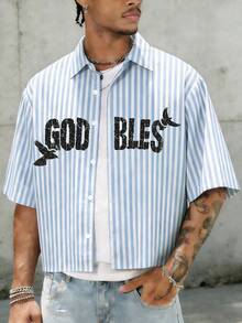 Men's Blue & White Striped "God Bless" Prayer Boy Graphic Short Sleeve Button-Down Shirt, Street Art Style - Baby Blue - View 4