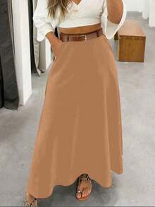 High-Waisted Solid-Colored Skirt With Pockets On Both Sides And A Wide Hem. - 駝色 - 查看 1