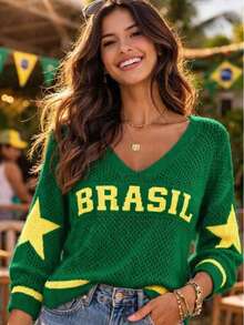 Women's Knit Blouse, Brazil Style, Long Sleeve, V-Neck, Crochet Style, Winter Fashion, Shiny Knit, Nightwear - 綠色 - 查看 2