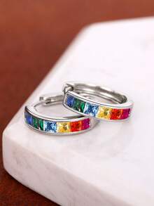 1 Pair Cubic Zirconia Hoop Earrings, Suitable For Daily Decoration, Party Jewelry Or Birthday Gift For Teenagers - Silver - View 6