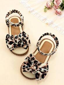 1 Pair Bohemian Style Fashion Kids Summer Sandals, Girls' Flat Beach Sandals With Leopard Print Bow Adjustable Design, Breathable Lightweight Soft Non-Slip Durable Sole, Suitable For Banquet, Party, Wedding, Vacation, Daily Wear - Multicolor - View 1