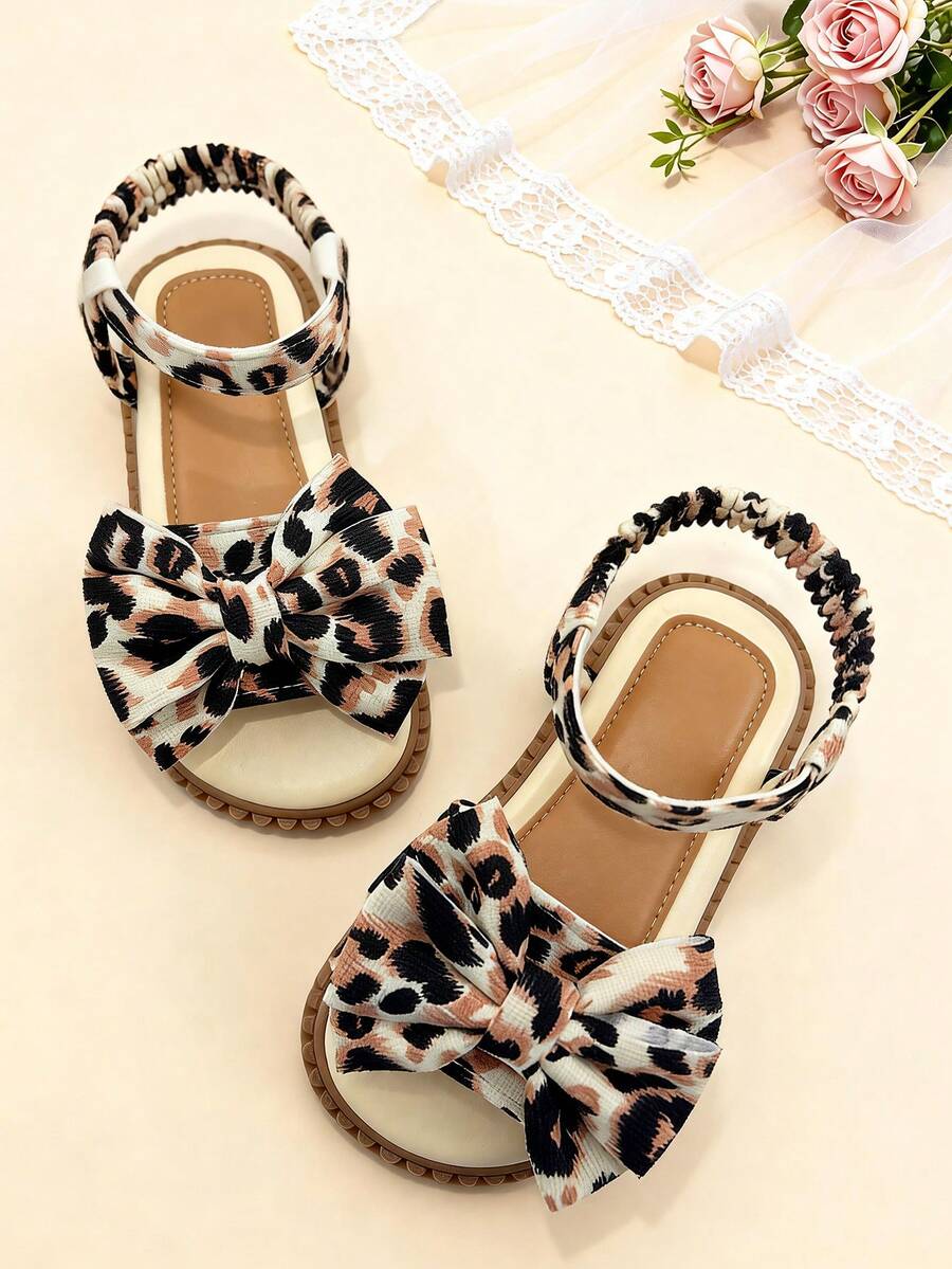 1 Pair Bohemian Style Fashion Kids Summer Sandals, Girls' Flat Beach Sandals With Leopard Print Bow Adjustable Design, Breathable Lightweight Soft Non-Slip Durable Sole, Suitable For Banquet, Party, Wedding, Vacation, Daily Wear - Multicolor - View 1