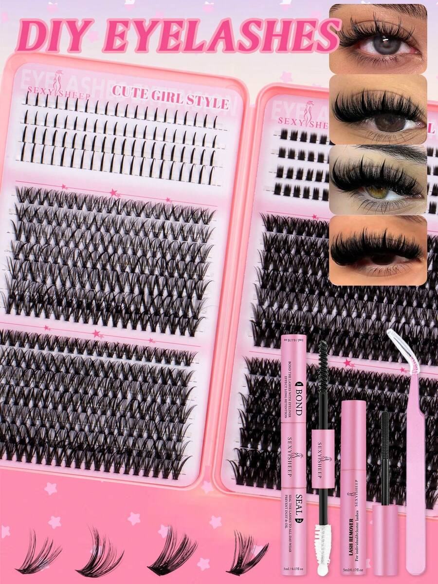 SEXYSHEEP 720 piezas Pestañas postizas en racimo, Kit de extensión de pestañas DIY que incluye adhesivo, removedor, pinzas, pestañas naturales suaves y mixtas, crea maquillaje de ojos 3D, adecuado para DIY en casa, viajes, viajes diarios, fiestas, novia de boda - Negro - Ver 1