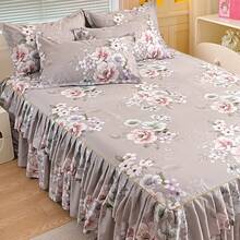 3pcs Minimalist Modern Floral Pattern Double Ruffle Bed Skirt Set, Bedroom Bedding (1 Bed Skirt, 2 Pillowcases, No Inner Core) - Dusty Purple - View 3