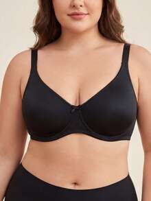 女士无缝全覆盖加大码无钢圈基本款文胸，黑色简约平滑轮廓杯，舒适的日常内衣，提升 - 黑色 - 查看 1