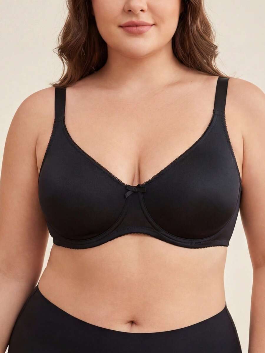 女士无缝全覆盖加大码无钢圈基本款文胸，黑色简约平滑轮廓杯，舒适的日常内衣，提升 - 黑色 - 查看 1