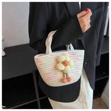 Cute Woven Bag With 3D Flower Decoration, Elegant Handbag, Ideal For Summer And Daily Commutes. - Color - View 2