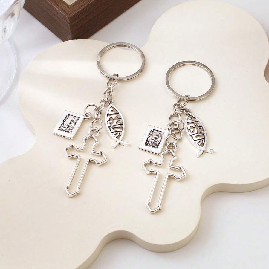 2pcs Hollow Cross Pendant Keychain, Minimalist Bag Charm, Car Key Accessory - Multicolor - View 1