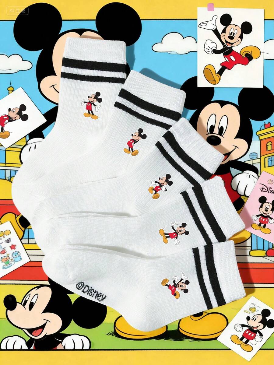 Disney 1/5双装春夏校园风双条纹袜子，可爱卡通米奇图案，休闲百搭柔软中筒袜，透气吸湿运动袜，适合休闲活动、度假、旅行、日常穿着、返校季等场合。 - 彩色 - 查看 1