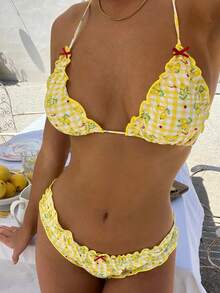 Women Triangle Bikini Set Cute Printed 2 Piece Swimsuit Y2k Ruffle Trim Bathing Suit Coquette Swimwear - 檸檬黃 - 查看 1