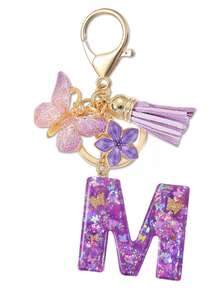 1个紫色蝴蝶字母钥匙扣，饰有闪亮亮片、流苏和珐琅花朵吊坠，时尚手提包挂件，母亲节礼物 - 淡紫色 - 查看 27