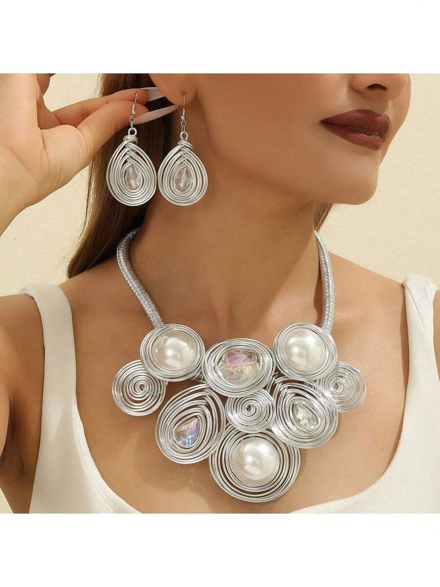 Bộ dây chuyền và bông tai thủ công nhiều lớp bằng dây nhôm, kiểu dáng phóng khoáng, mang phong cách retro bohemian thời thượng, thích hợp cho tiệc tùng, đám cưới, kỳ nghỉ. - Bạc 2 - Xem 1