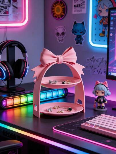 1个粉色蝴蝶结双层首饰架，可爱又时尚的桌面装饰托盘，可用于收纳项链、耳环、戒指等。