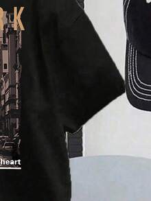 Conjunto casual diario de camiseta de manga corta con cuello redondo y estampado de letras, y pantalones cortos para niño pequeño - Negro - Ver 3